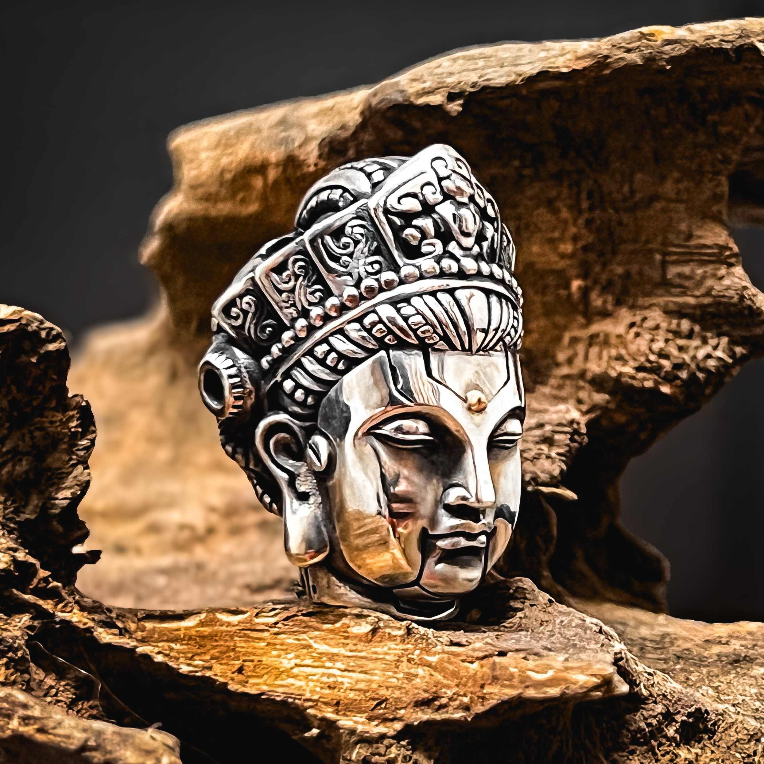 渡鸦工作室默物系列 925银饰 机械飞升佛头文玩配珠 三通点金款 18K金 850