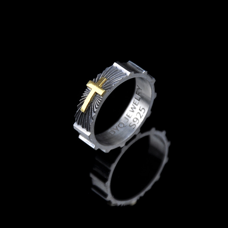 DYQ Jewelry 十字守护 925银 24K金 男士戒指
