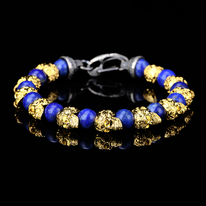 DYQ Jewelry 不屈意志 黄铜镀24K金唐草骷髅 青金石 男生手链