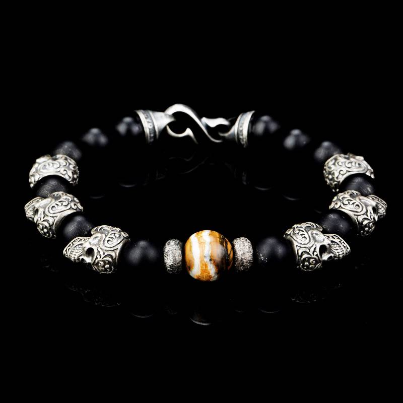 DYQ Jewelry 925银 唐草骷髅 黑玛瑙 男生手链 绅士英伦