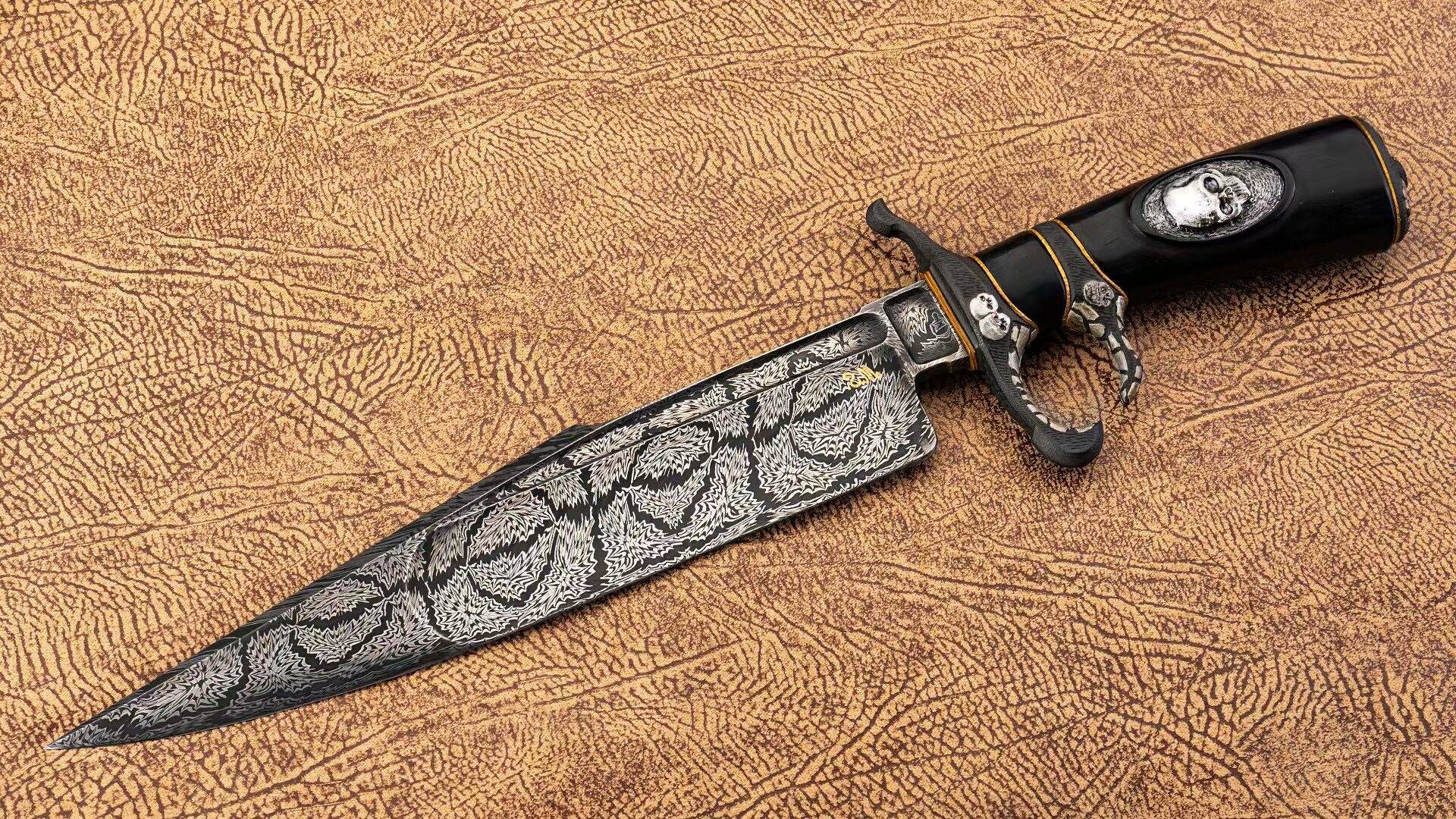 2021年 AKI展品 大马士革钢 非洲黑木手柄 美国ABS MS安德鲁.米尔斯 艺术刀剑