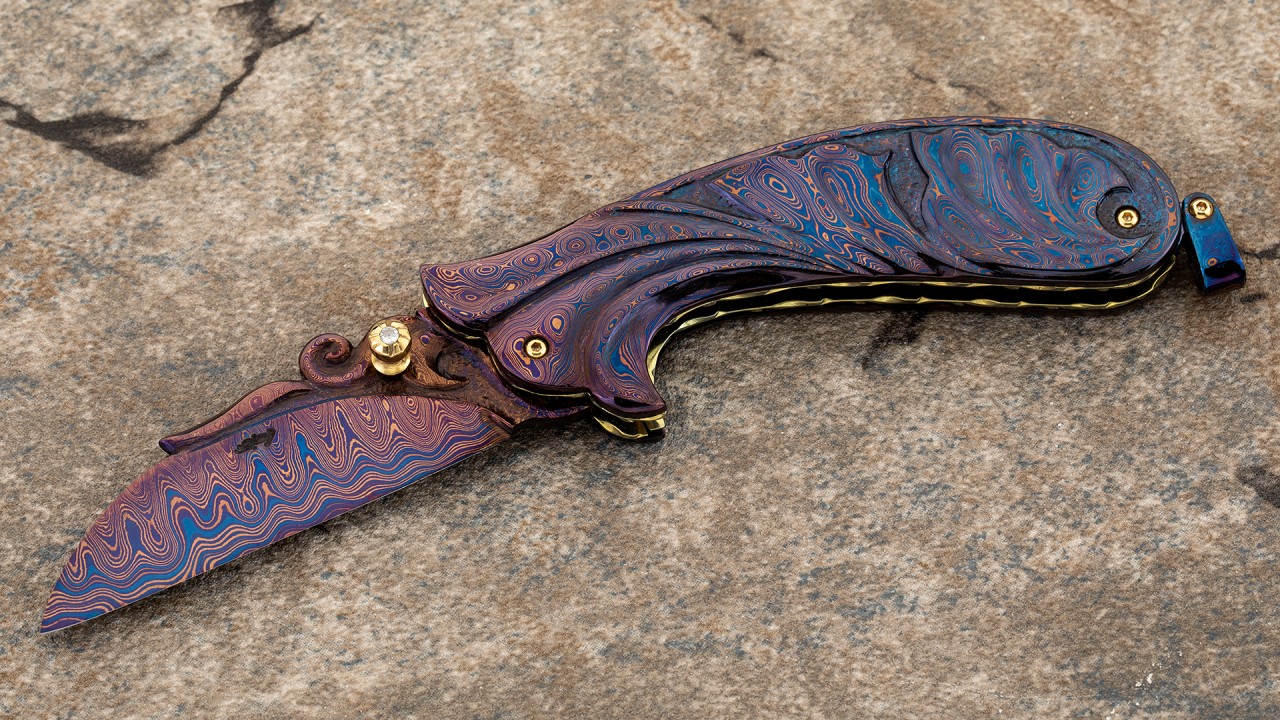 美国刀匠协会刀匠 舒恰特.江塔隆 幽蓝蔷薇 大马士革钢 艺术刀剑