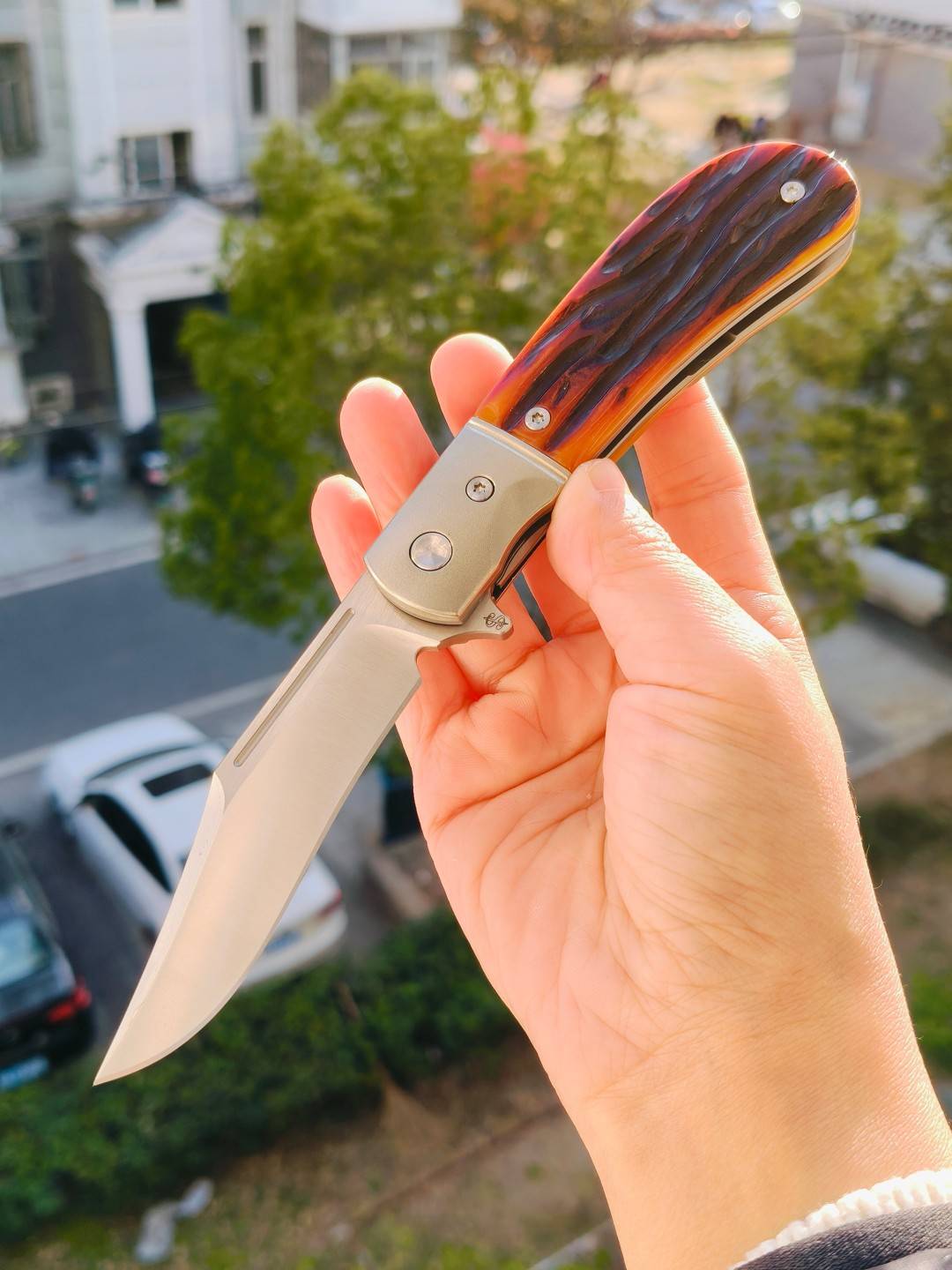 Sao Knives CPM-20CV钢 钛合金内衬+鹿骨柄 口袋刀 SK2602