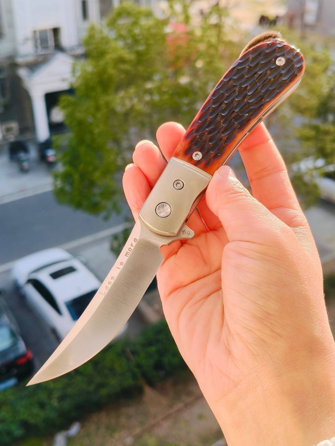 Sao Knives CPM-20CV钢 不锈钢内衬+鹿骨柄 口袋刀 SK2601