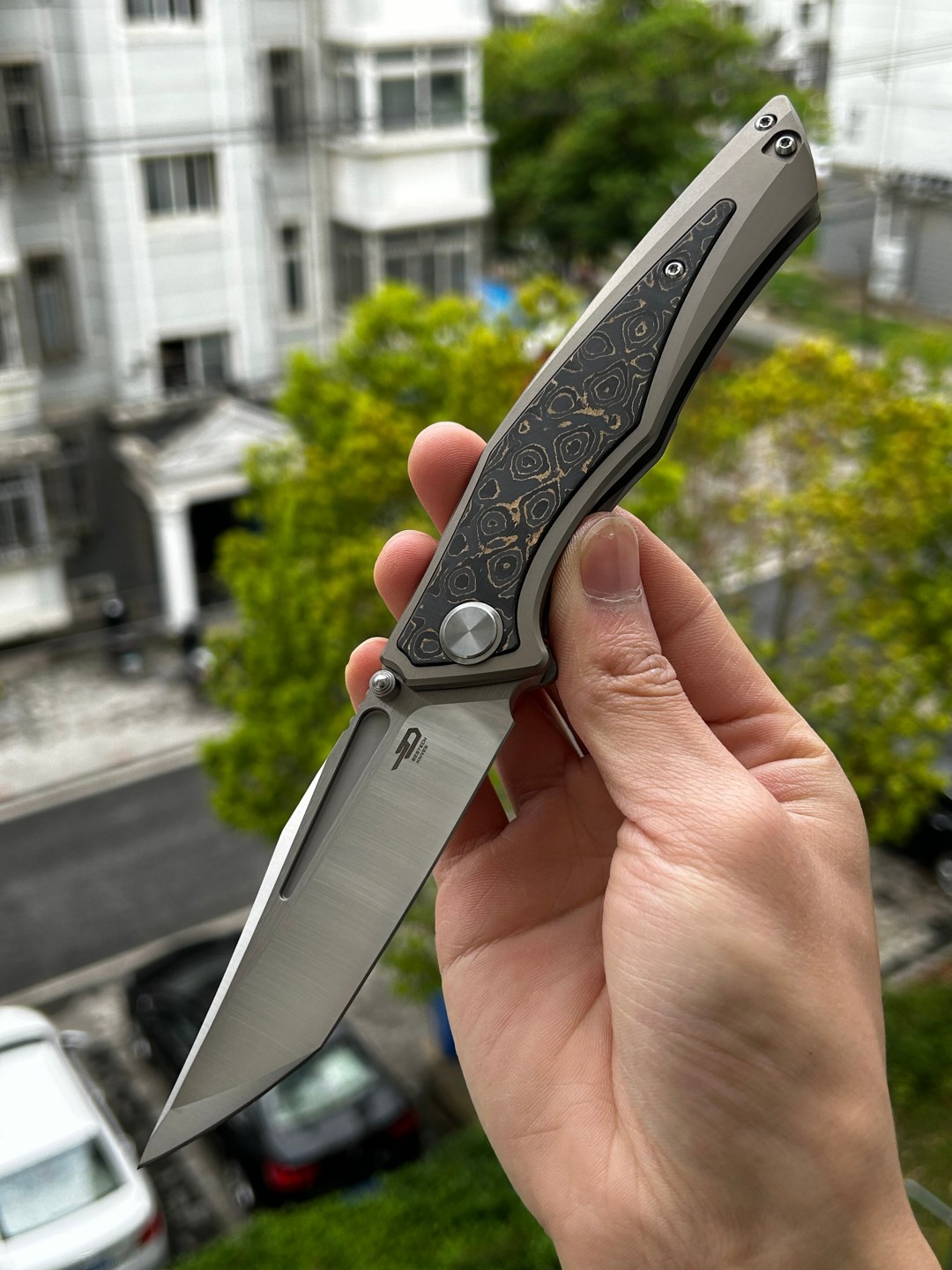 BESTECH TOGATTA M390钢 钛合金+大马士革铜碳纤维手柄 BT2102G 浅青铜色 2373