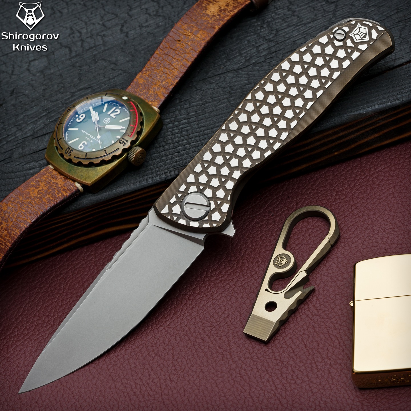 2514 Shirogorov 熊头 F95 金色钛熊头纹柄 M390钢 石洗表面 MRBS轴承